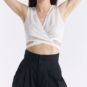 S White Silk Tie Wrap Around Crop Top